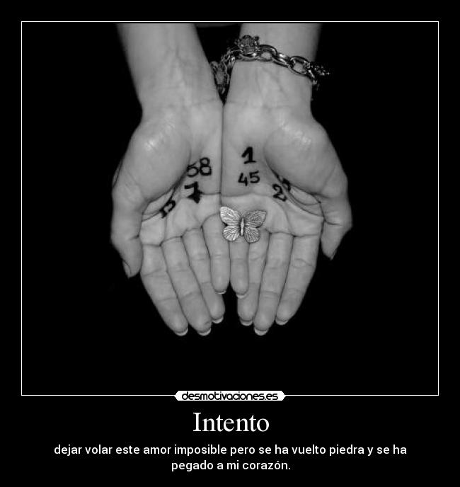 Intento - dejar volar este amor imposible pero se ha vuelto piedra y se ha pegado a mi corazón.