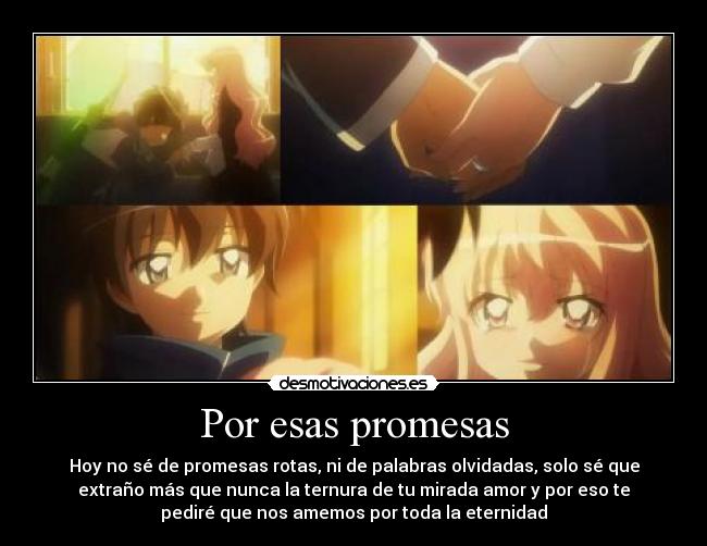 Por esas promesas - Hoy no sé de promesas rotas, ni de palabras olvidadas, solo sé que
extraño más que nunca la ternura de tu mirada amor y por eso te
pediré que nos amemos por toda la eternidad