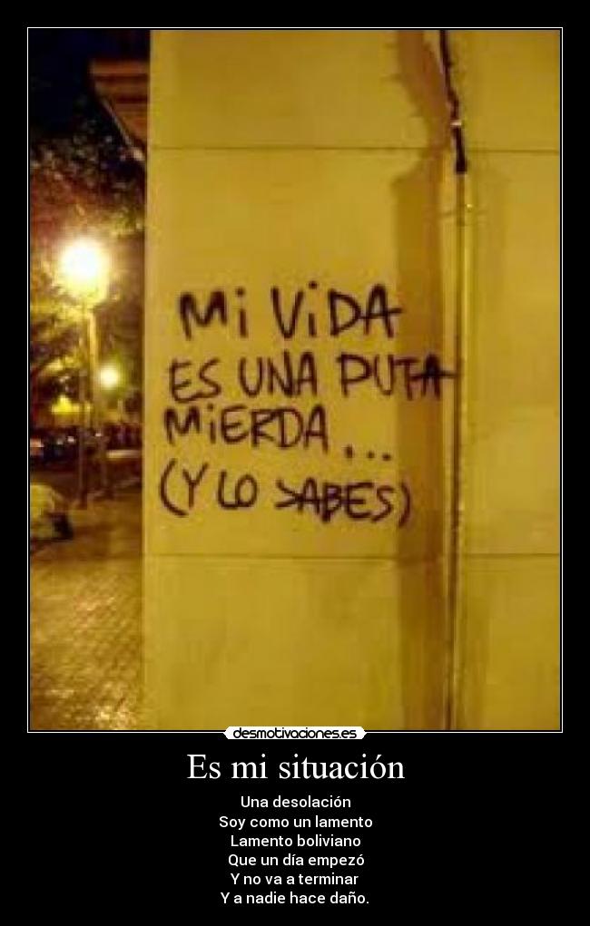 Es mi situación - Una desolación
Soy como un lamento
Lamento boliviano
Que un día empezó
Y no va a terminar
Y a nadie hace daño.