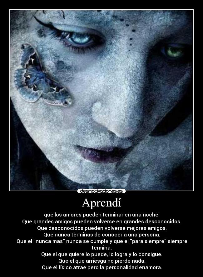 Aprendí - que los amores pueden terminar en una noche.
Que grandes amigos pueden volverse en grandes desconocidos.
Que desconocidos pueden volverse mejores amigos.
Que nunca terminas de conocer a una persona.
Que el nunca mas nunca se cumple y que el para siempre siempre termina.
Que el que quiere lo puede, lo logra y lo consigue.
Que el que arriesga no pierde nada.
Que el físico atrae pero la personalidad enamora.