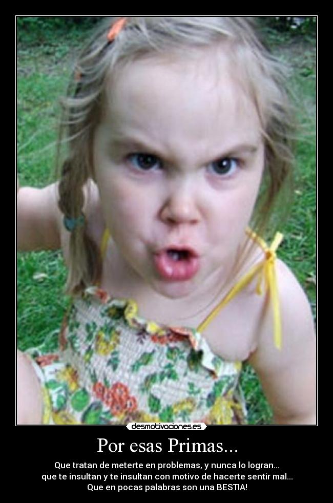 Por esas Primas... - Que tratan de meterte en problemas, y nunca lo logran...
que te insultan y te insultan con motivo de hacerte sentir mal...
Que en pocas palabras son una BESTIA!