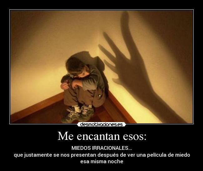 Me encantan esos: - MIEDOS IRRACIONALES...
que justamente se nos presentan después de ver una película de miedo
esa misma noche