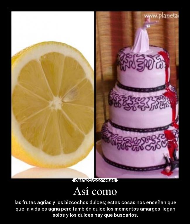 Así como - las frutas agrias y los bizcochos dulces; estas cosas nos enseñan que
que la vida es agria pero también dulce los momentos amargos llegan
solos y los dulces hay que buscarlos.