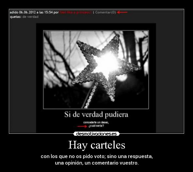Hay carteles - con los que no os pido voto; sino una respuesta,
una opinión, un comentario vuestro.