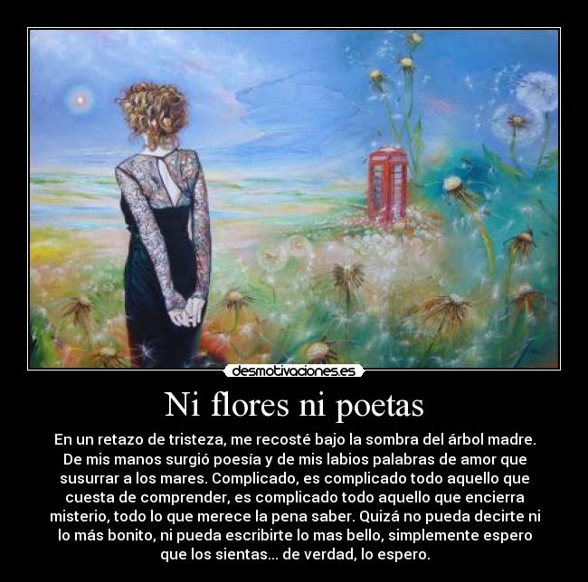 Ni flores ni poetas - En un retazo de tristeza, me recosté bajo la sombra del árbol madre.
De mis manos surgió poesía y de mis labios palabras de amor que
susurrar a los mares. Complicado, es complicado todo aquello que
cuesta de comprender, es complicado todo aquello que encierra
misterio, todo lo que merece la pena saber. Quizá no pueda decirte ni
lo más bonito, ni pueda escribirte lo mas bello, simplemente espero
que los sientas... de verdad, lo espero.