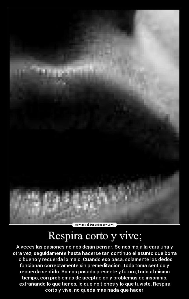 Respira corto y vive; - A veces las pasiones no nos dejan pensar. Se nos moja la cara una y
otra vez, seguidamente hasta hacerse tan continuo el asunto que borra
lo bueno y recuerda lo malo. Cuando eso pasa, solamente los dedos
funcionan correctamente sin premeditacion. Todo toma sentido y
recuerda sentido. Somos pasado presente y futuro, todo al mismo
tiempo, con problemas de aceptacion y problemas de insomnio,
extrañando lo que tienes, lo que no tienes y lo que tuviste. Respira
corto y vive, no queda mas nada que hacer.