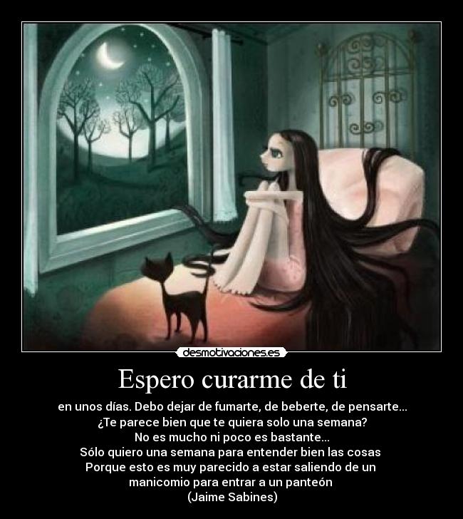 Espero curarme de ti - en unos días. Debo dejar de fumarte, de beberte, de pensarte...
¿Te parece bien que te quiera solo una semana?
No es mucho ni poco es bastante...
Sólo quiero una semana para entender bien las cosas
Porque esto es muy parecido a estar saliendo de un
manicomio para entrar a un panteón
(Jaime Sabines)