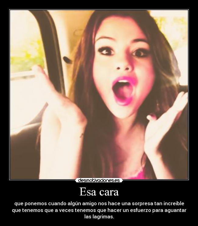 Esa cara - que ponemos cuando algún amigo nos hace una sorpresa tan increible
que tenemos que a veces tenemos que hacer un esfuerzo para aguantar
las lagrimas.