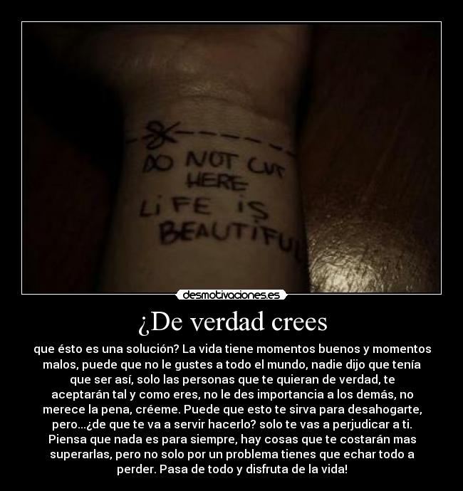 ¿De verdad crees - que ésto es una solución? La vida tiene momentos buenos y momentos
malos, puede que no le gustes a todo el mundo, nadie dijo que tenía
que ser así, solo las personas que te quieran de verdad, te
aceptarán tal y como eres, no le des importancia a los demás, no
merece la pena, créeme. Puede que esto te sirva para desahogarte,
pero...¿de que te va a servir hacerlo? solo te vas a perjudicar a ti.
Piensa que nada es para siempre, hay cosas que te costarán mas
superarlas, pero no solo por un problema tienes que echar todo a
perder. Pasa de todo y disfruta de la vida!