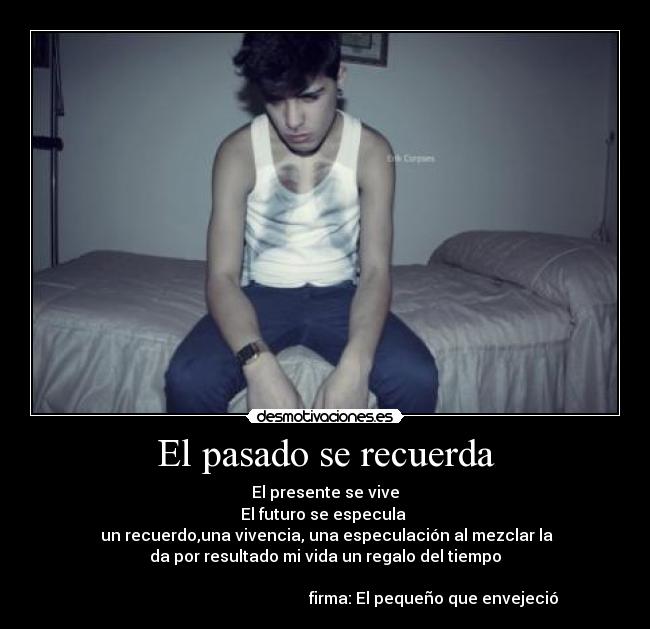 El pasado se recuerda - El presente se vive
El futuro se especula 
 un recuerdo,una vivencia, una especulación al mezclar la
da por resultado mi vida un regalo del tiempo
                    
                                                      firma: El pequeño que envejeció
