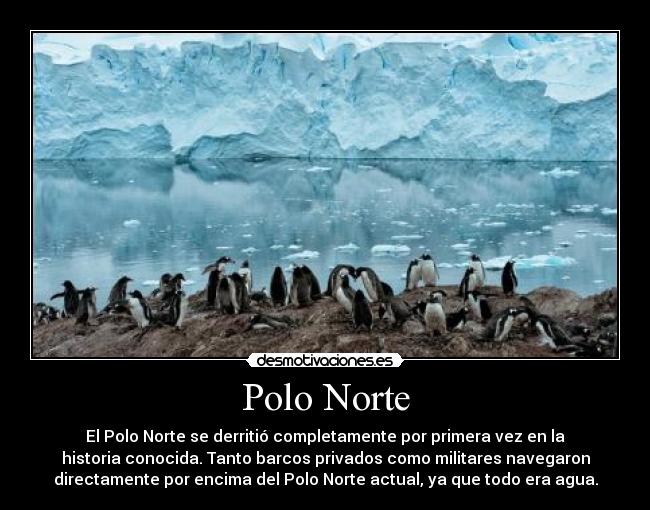 Polo Norte - El Polo Norte se derritió completamente por primera vez en la
historia conocida. Tanto barcos privados como militares navegaron
directamente por encima del Polo Norte actual, ya que todo era agua.