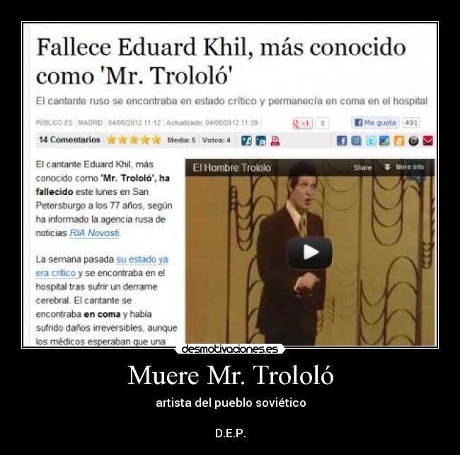 Muere Mr. Trololó - artista del pueblo soviético

D.E.P.