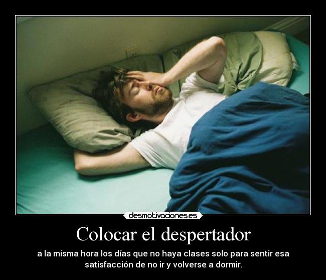 carteles colocar despertador hora levantarse satisfaccion colegio escuela dormir clases tipico felicidad desmotivaciones