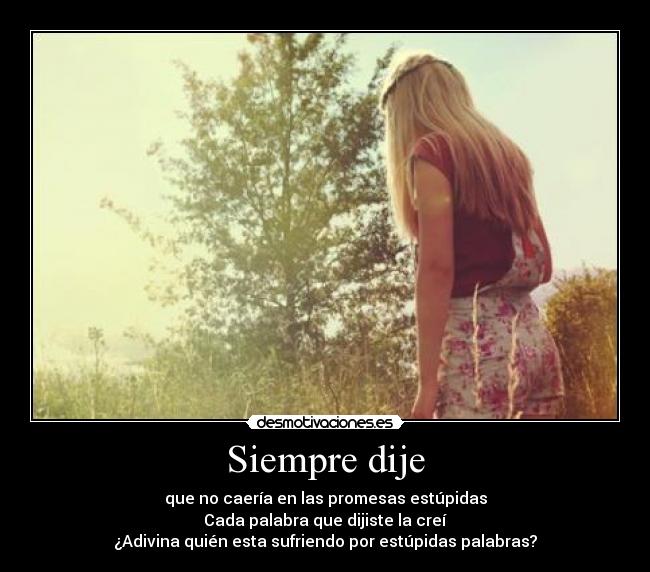 Siempre dije - que no caería en las promesas estúpidas
Cada palabra que dijiste la creí
¿Adivina quién esta sufriendo por estúpidas palabras?