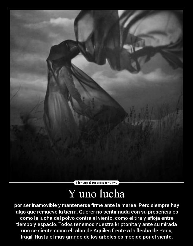 Y uno lucha - por ser inamovible y mantenerse firme ante la marea. Pero siempre hay
algo que remueve la tierra. Querer no sentir nada con su presencia es
como la lucha del polvo contra el viento, como el tira y afloja entre
tiempo y espacio. Todos tenemos nuestra kriptonita y ante su mirada
uno se siente como el talon de Aquiles frente a la flecha de Paris,
fragil. Hasta el mas grande de los arboles es mecido por el viento.