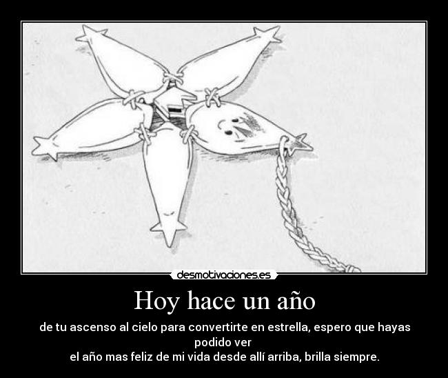 Hoy hace un año - de tu ascenso al cielo para convertirte en estrella, espero que hayas podido ver 
el año mas feliz de mi vida desde allí arriba, brilla siempre.