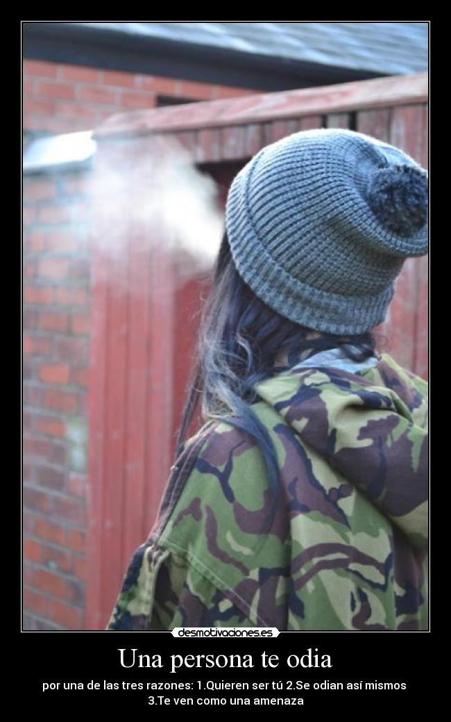 Una persona te odia - por una de las tres razones: 1.Quieren ser tú 2.Se odian así mismos 
3.Te ven como una amenaza