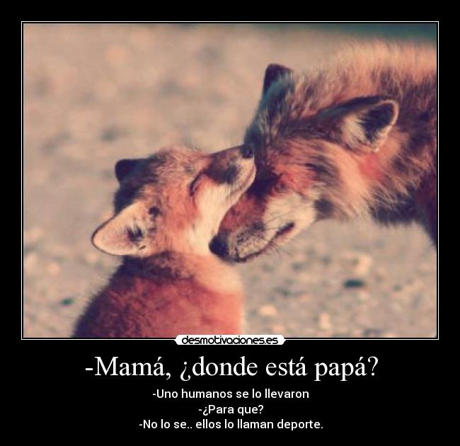 -Mamá, ¿donde está papá? - -Uno humanos se lo llevaron
-¿Para que?
-No lo se.. ellos lo llaman deporte.