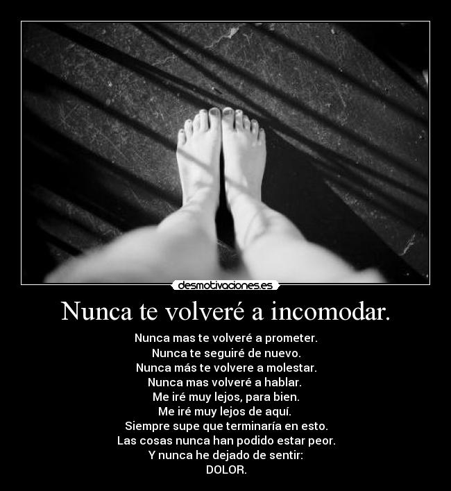 Nunca te volveré a incomodar. - Nunca mas te volveré a prometer.
Nunca te seguiré de nuevo.
Nunca más te volvere a molestar.
Nunca mas volveré a hablar. 
Me iré muy lejos, para bien.
Me iré muy lejos de aquí. 
Siempre supe que terminaría en esto.
Las cosas nunca han podido estar peor.
Y nunca he dejado de sentir:
DOLOR.