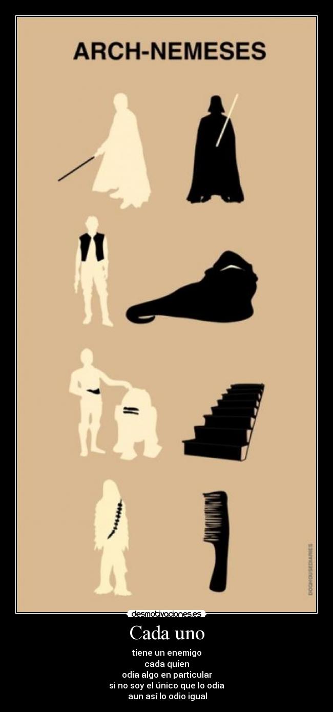 Cada uno - tiene un enemigo
cada quien
odia algo en particular
si no soy el único que lo odia
aun así lo odio igual