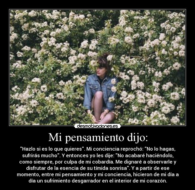 Mi pensamiento dijo: - Hazlo si es lo que quieres. Mi conciencia reprochó: No lo hagas,
sufrirás mucho. Y entonces yo les dije: No acabaré haciéndolo,
como siempre, por culpa de mi cobardía. Me dignaré a observarle y
disfrutar de la esencia de su tímida sonrisa. Y a partir de ese
momento, entre mi pensamiento y mi conciencia, hicieron de mi día a
día un sufrimiento desgarrador en el interior de mi corazón.