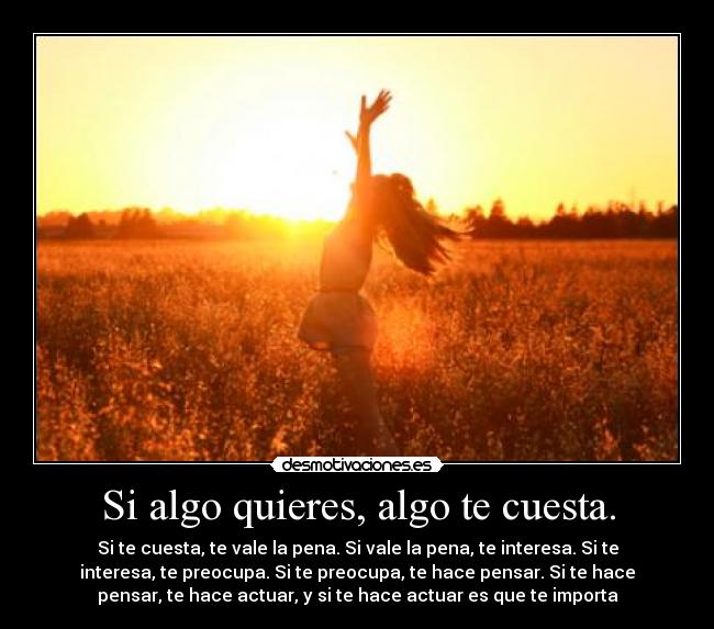 Si algo quieres, algo te cuesta. - Si te cuesta, te vale la pena. Si vale la pena, te interesa. Si te
interesa, te preocupa. Si te preocupa, te hace pensar. Si te hace
pensar, te hace actuar, y si te hace actuar es que te importa