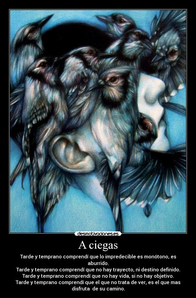 A ciegas - Tarde y temprano comprendí que lo impredecible es monótono, es
aburrido.
Tarde y temprano comprendí que no hay trayecto, ni destino definido.
Tarde y temprano comprendí que no hay vida, si no hay objetivo.
Tarde y temprano comprendí que el que no trata de ver, es el que mas
disfruta  de su camino.