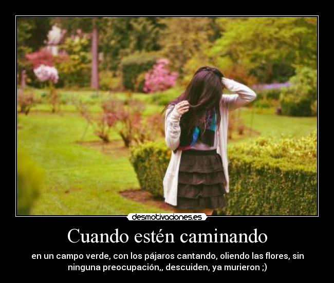 Cuando estén caminando - en un campo verde, con los pájaros cantando, oliendo las flores, sin
ninguna preocupación,, descuiden, ya murieron ;)