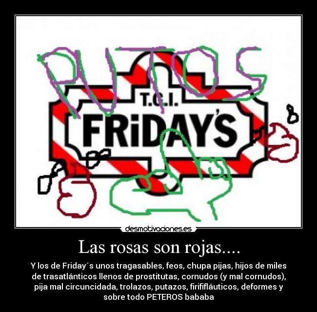 Las rosas son rojas.... - Y los de Friday´s unos tragasables, feos, chupa pijas, hijos de miles
de trasatlánticos llenos de prostitutas, cornudos (y mal cornudos),
pija mal circuncidada, trolazos, putazos, firififláuticos, deformes y
sobre todo PETEROS bababa