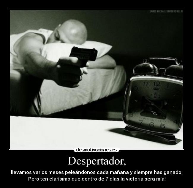 Despertador, - llevamos varios meses peleándonos cada mañana y siempre has ganado.
Pero ten clarísimo que dentro de 7 días la victoria sera mía!