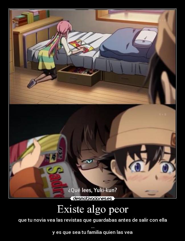 carteles mirai nikki momentazo cuando yuno gassai rea amano descubren las revistas yukiteru amano desmotivaciones