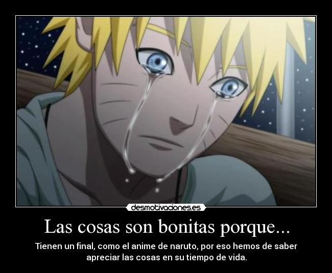 Las cosas son bonitas porque... - Tienen un final, como el anime de naruto, por eso hemos de saber
apreciar las cosas en su tiempo de vida.