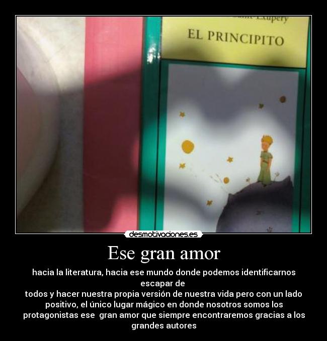 Ese gran amor - hacia la literatura, hacia ese mundo donde podemos identificarnos
escapar de
todos y hacer nuestra propia versión de nuestra vida pero con un lado
positivo, el único lugar mágico en donde nosotros somos los
protagonistas ese gran amor que siempre encontraremos gracias a los
grandes autores