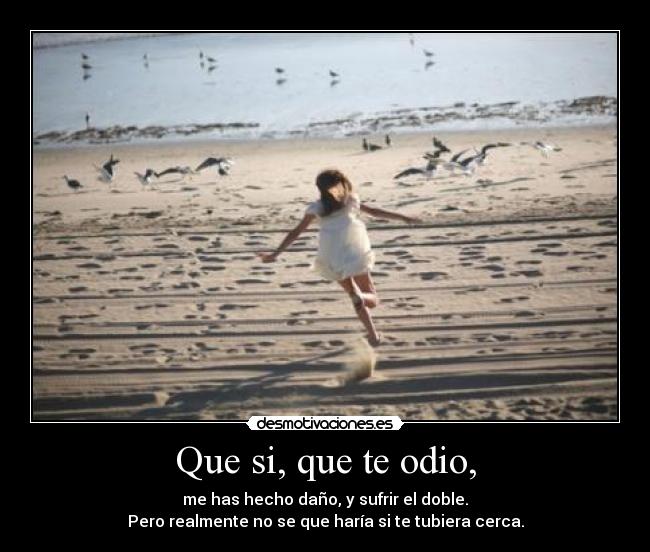 Que si, que te odio, - me has hecho daño, y sufrir el doble.
Pero realmente no se que haría si te tubiera cerca.