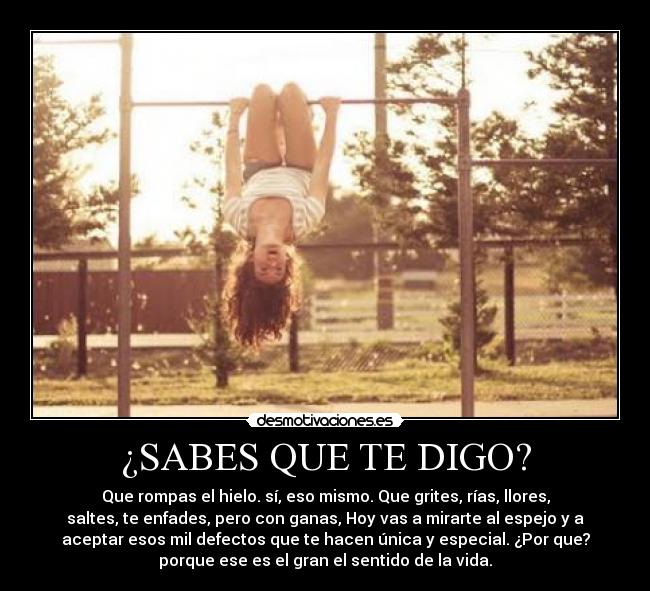 ¿SABES QUE TE DIGO? - Que rompas el hielo. sí, eso mismo. Que grites, rías, llores,
saltes, te enfades, pero con ganas, Hoy vas a mirarte al espejo y a
aceptar esos mil defectos que te hacen única y especial. ¿Por que?
porque ese es el gran el sentido de la vida.