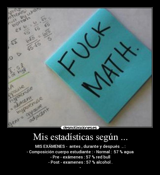 Mis estadísticas según ... - MIS EXÁMENES -  antes , durante y después  .. :
- Composición cuerpo estudiante : - Normal :  57 % agua
- Pre - exámenes : 57 % red bull
- Post - examenes : 57 % alcohol .
-