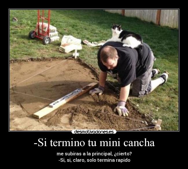 -Si termino tu mini cancha - me subiras a la principal, ¿cierto?
-Si, si, claro, solo termina rapido