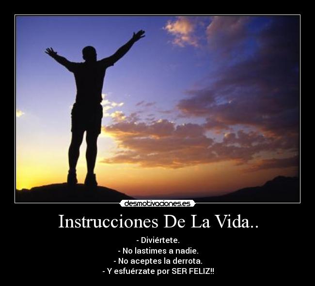 Instrucciones De La Vida.. - - Diviértete.
- No lastimes a nadie.
- No aceptes la derrota.
- Y esfuérzate por SER FELIZ!!