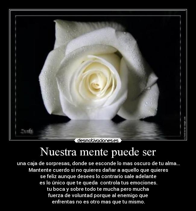 Nuestra mente puede ser - una caja de sorpresas, donde se esconde lo mas oscuro de tu alma...
Mantente cuerdo si no quieres dañar a aquello que quieres
se feliz aunque desees lo contrario sale adelante
es lo único que te queda controla tus emociones.
tu boca y sobre todo te mucha pero mucha
fuerza de voluntad porque al enemigo que
enfrentas no es otro mas que tu mismo.