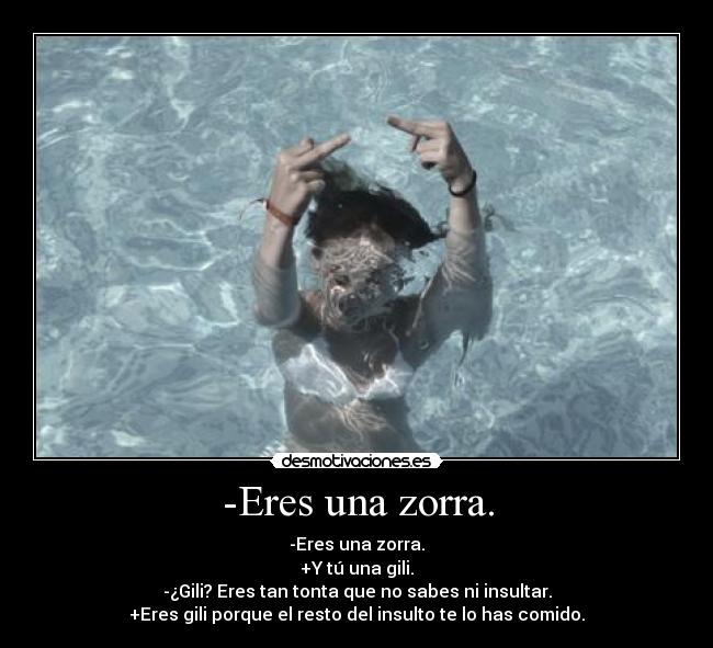 -Eres una zorra. - -Eres una zorra.
+Y tú una gili.
-¿Gili? Eres tan tonta que no sabes ni insultar.
+Eres gili porque el resto del insulto te lo has comido.