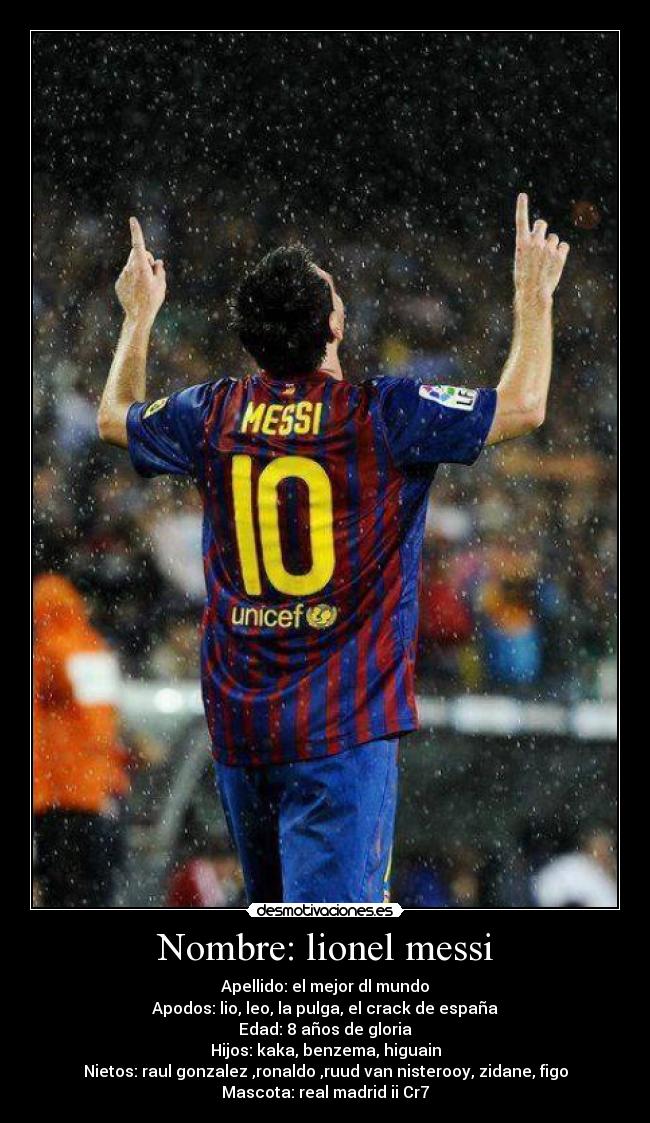 Nombre: lionel messi - Apellido: el mejor dl mundo
Apodos: lio, leo, la pulga, el crack de españa
Edad: 8 años de gloria
Hijos: kaka, benzema, higuain
Nietos: raul gonzalez ,ronaldo ,ruud van nisterooy, zidane, figo
Mascota: real madrid ii Cr7
