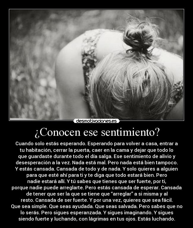 ¿Conocen ese sentimiento? - Cuando solo estás esperando. Esperando para volver a casa, entrar a
tu habitación, cerrar la puerta, caer en la cama y dejar que todo lo
que guardaste durante todo el día salga. Ese sentimiento de alivio y
desesperación a la vez. Nada está mal. Pero nada está bien tampoco.
Y estás cansada. Cansada de todo y de nada. Y solo quieres a alguien
para que esté ahí para ti y te diga que todo estará bien. Pero
nadie estará allí. Y tú sabes que tienes que ser fuerte, por ti,
porque nadie puede arreglarte. Pero estás cansada de esperar. Cansada
de tener que ser la que se tiene que “arreglar” a si misma y al
resto. Cansada de ser fuerte. Y por una vez, quieres que sea fácil.
Que sea simple. Que seas ayudada. Que seas salvada. Pero sabes que no
lo serás. Pero sigues esperanzada. Y sigues imaginando. Y sigues
siendo fuerte y luchando, con lágrimas en tus ojos. Estás luchando.
