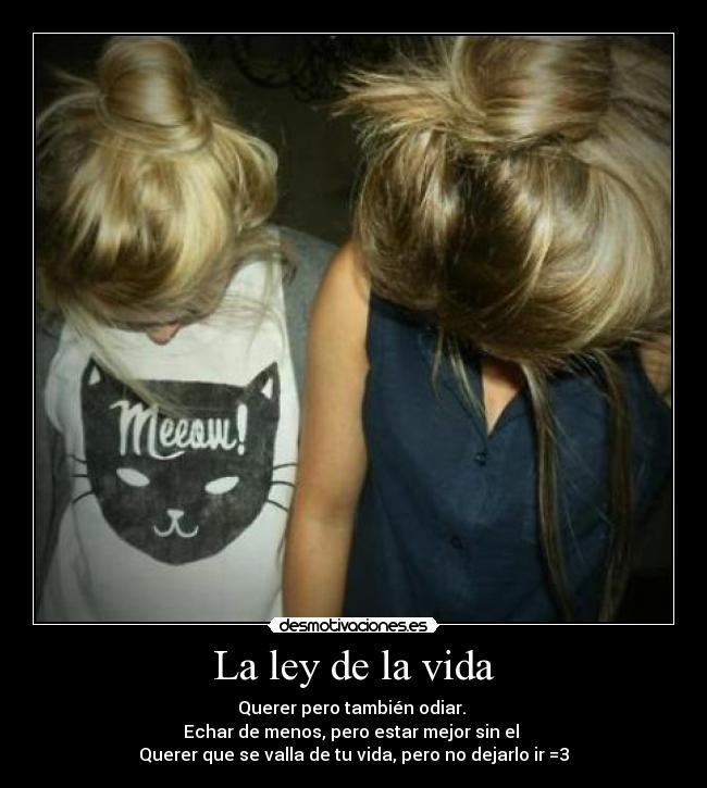 La ley de la vida - Querer pero también odiar.
Echar de menos, pero estar mejor sin el
Querer que se valla de tu vida, pero no dejarlo ir =3