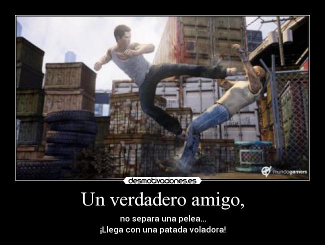 Un verdadero amigo, - no separa una pelea...
¡Llega con una patada voladora!