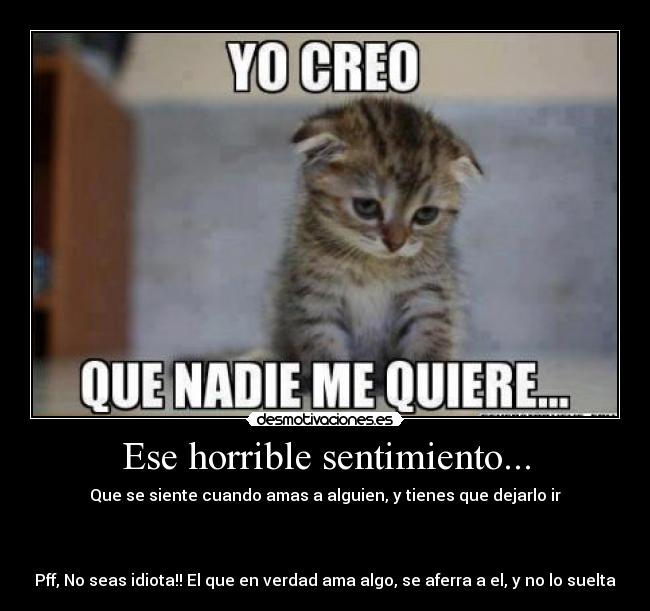Ese horrible sentimiento... - Que se siente cuando amas a alguien, y tienes que dejarlo ir
Pff, No seas idiota!! El que en verdad ama algo, se aferra a el, y no lo suelta