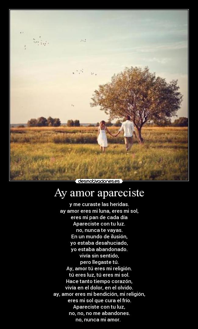 Ay amor apareciste - y me curaste las heridas.
ay amor eres mi luna, eres mi sol,
eres mi pan de cada día
Apareciste con tu luz.
no, nunca te vayas.
En un mundo de ilusión,
yo estaba desahuciado,
yo estaba abandonado.
vivía sin sentido,
pero llegaste tú.
Ay, amor tú eres mi religión.
tú eres luz, tú eres mi sol.
Hace tanto tiempo corazón,
vivía en el dolor, en el olvido.
ay, amor eres mi bendición, mi religión,
eres mi sol que cura el frío.
Apareciste con tu luz,
no, no, no me abandones.
no, nunca mi amor. ♪♥