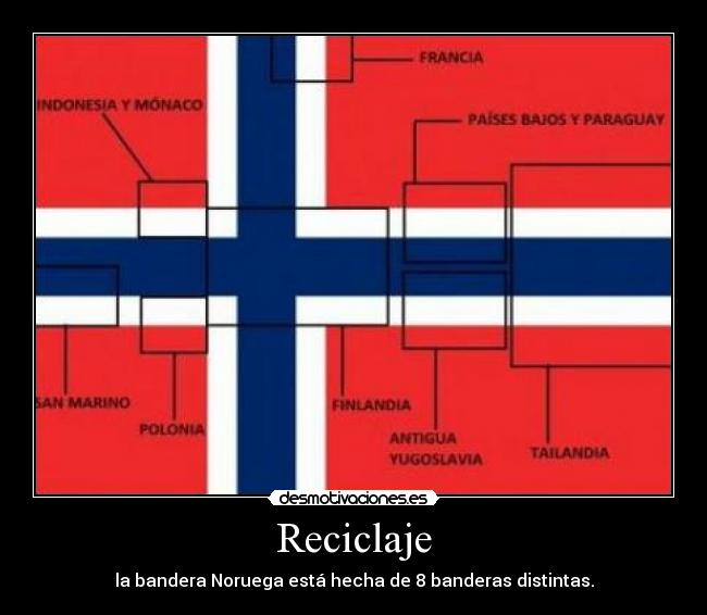 Reciclaje - la bandera Noruega está hecha de 8 banderas distintas.