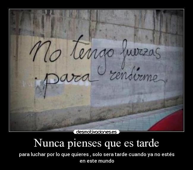 Nunca pienses que es tarde - para luchar por lo que quieres , solo sera tarde cuando ya no estés en este mundo