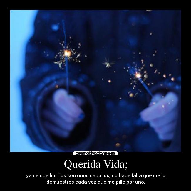 Querida Vida; - ya sé que los tíos son unos capullos, no hace falta que me lo
demuestres cada vez que me pille por uno.