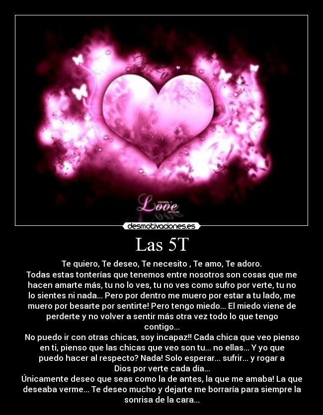 Las 5T - Te quiero, Te deseo, Te necesito , Te amo, Te adoro.
Todas estas tonterías que tenemos entre nosotros son cosas que me
hacen amarte más, tu no lo ves, tu no ves como sufro por verte, tu no
lo sientes ni nada... Pero por dentro me muero por estar a tu lado, me
muero por besarte por sentirte! Pero tengo miedo... El miedo viene de
perderte y no volver a sentir más otra vez todo lo que tengo
contigo...
No puedo ir con otras chicas, soy incapaz!! Cada chica que veo pienso
en ti, pienso que las chicas que veo son tu... no ellas... Y yo que
puedo hacer al respecto? Nada! Solo esperar... sufrir... y rogar a
Dios por verte cada día...
Únicamente deseo que seas como la de antes, la que me amaba! La que
deseaba verme... Te deseo mucho y dejarte me borraría para siempre la
sonrisa de la cara...
